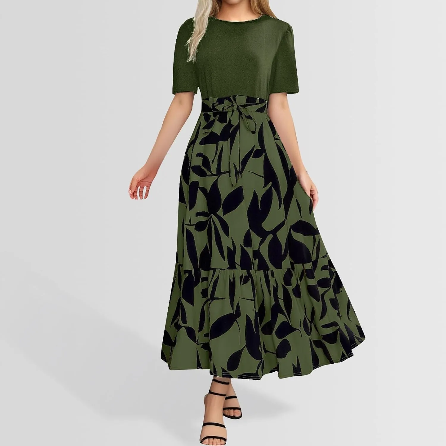 Summer Dresses for Women 2025 Floral Boho Wrap Short Sleeve Maxi Dress Patchwork Ruffle Hem A Line Vacation Dresses