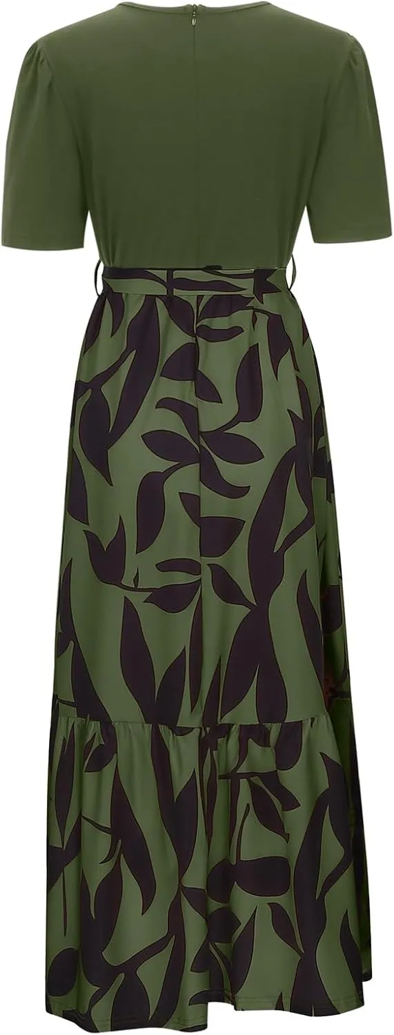 Summer Dresses for Women 2025 Floral Boho Wrap Short Sleeve Maxi Dress Patchwork Ruffle Hem A Line Vacation Dresses