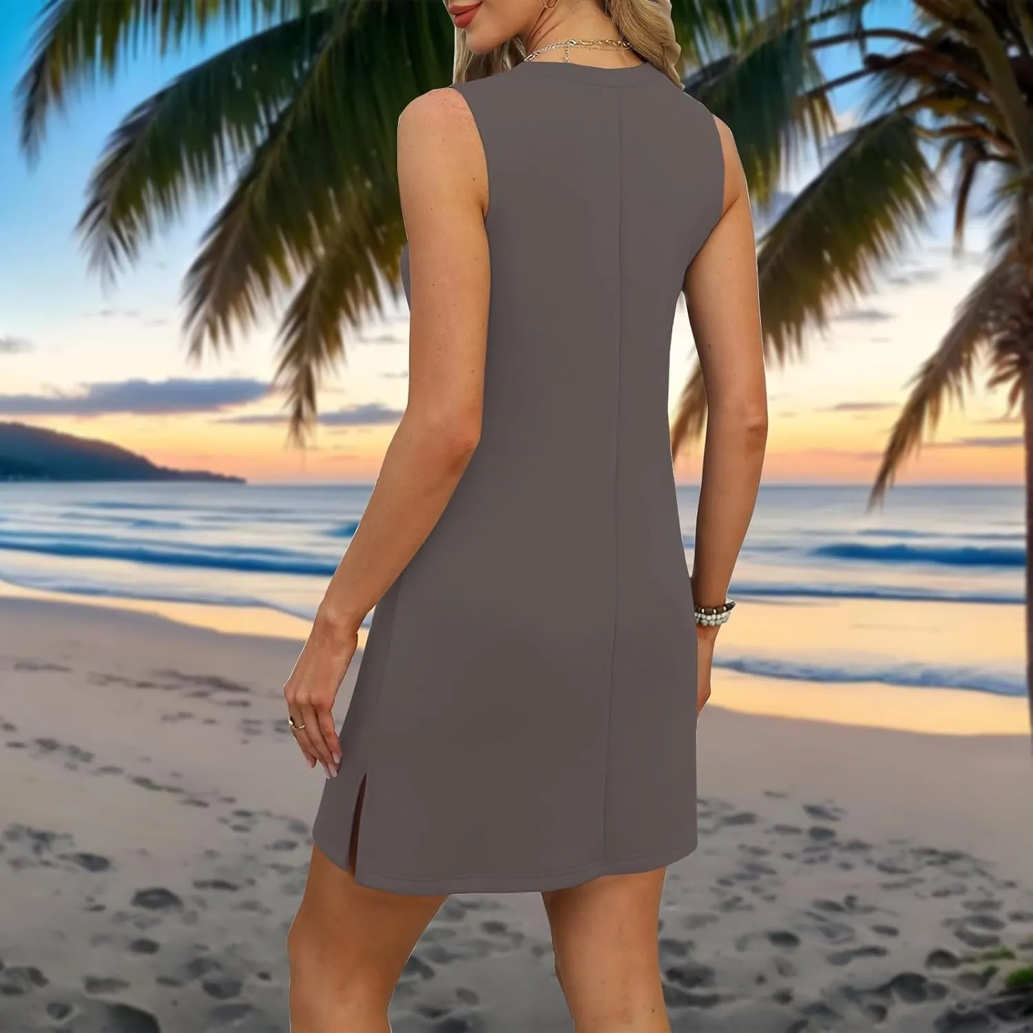 Summer Dresses for Women 2025 Loose Casual Sundresses Striped V Neck T Shirt Dress Beach Sleeveless Tank Dress with Split