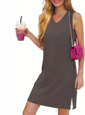 Summer Dresses for Women 2025 Loose Casual Sundresses Striped V Neck T Shirt Dress Beach Sleeveless Tank Dress with Split
