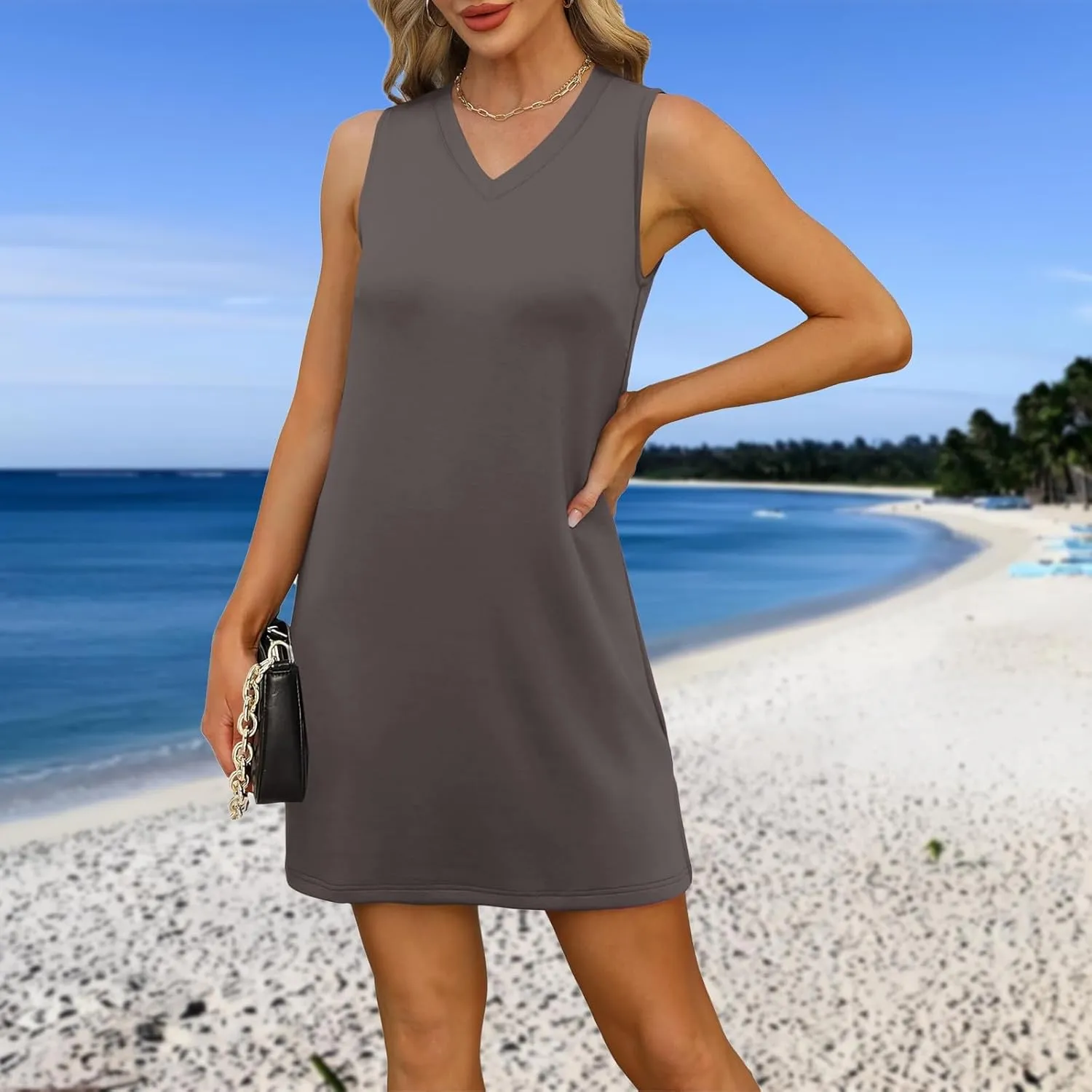 Summer Dresses for Women 2025 Loose Casual Sundresses Striped V Neck T Shirt Dress Beach Sleeveless Tank Dress with Split