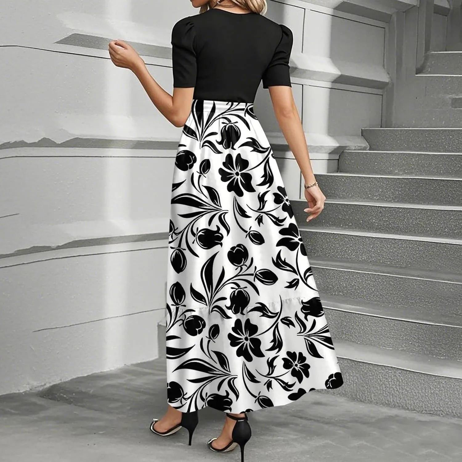 Summer Dresses for Women 2025 Patchwork Long Sundress Ruffle Hem a Line Dress Short Sleeve Flowy Floral Maxi Dress