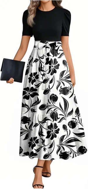 Summer Dresses for Women 2025 Patchwork Long Sundress Ruffle Hem a Line Dress Short Sleeve Flowy Floral Maxi Dress