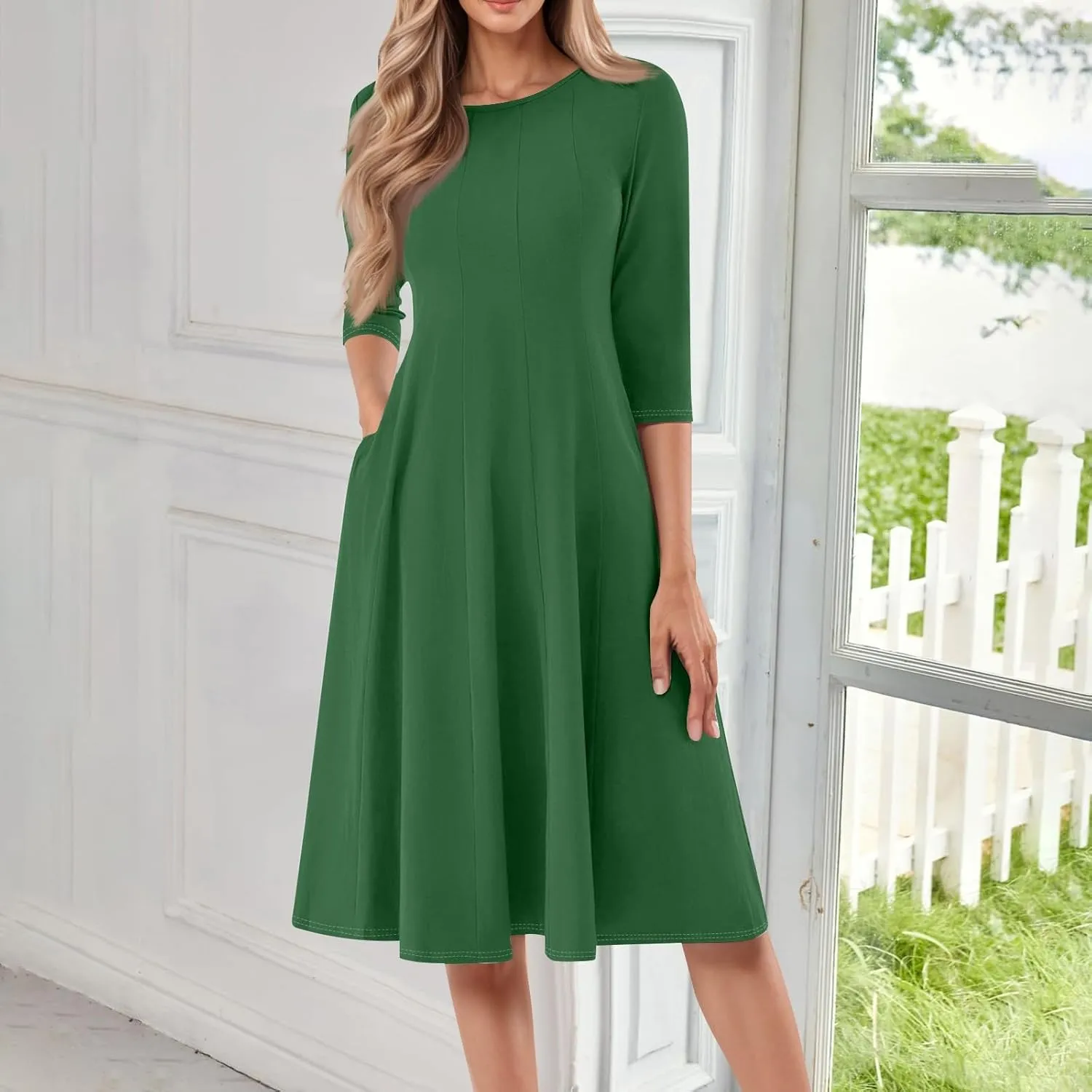 Summer Dresses for Women 2025 Round Neck 3/4 Sleeve Dress for Womens Dressed Midi Knee Length Dress with Pockets