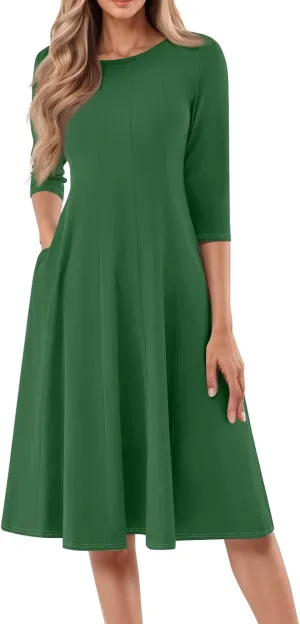Summer Dresses for Women 2025 Round Neck 3/4 Sleeve Dress for Womens Dressed Midi Knee Length Dress with Pockets
