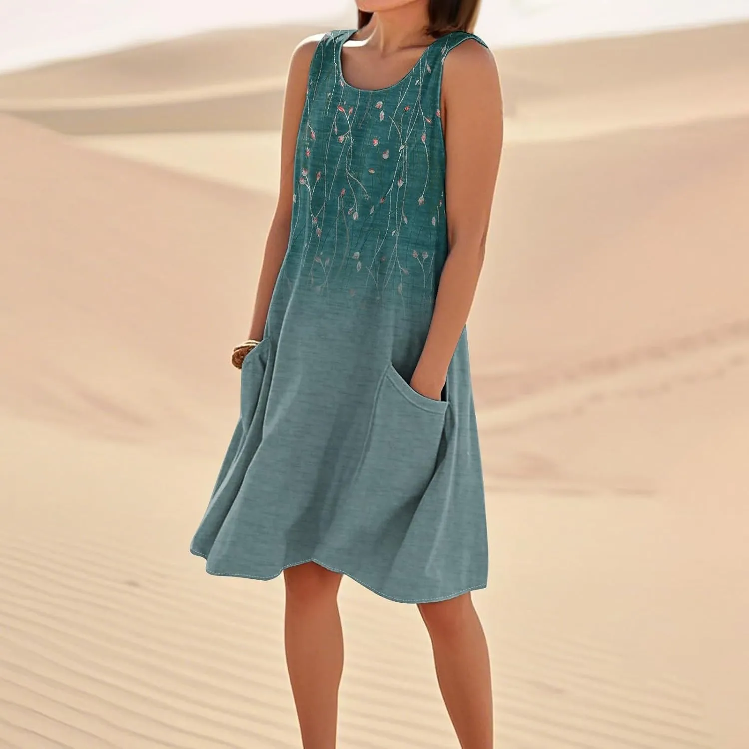 Summer Dresses for Women 2025 Round Neck Short Sleeve Cotton Linen Dress Beach Vacation Sundresses with Pockets