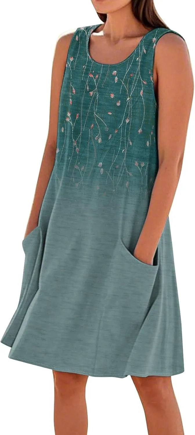 Summer Dresses for Women 2025 Round Neck Short Sleeve Cotton Linen Dress Beach Vacation Sundresses with Pockets