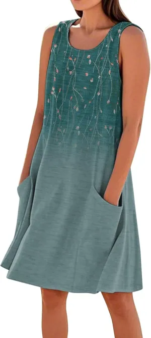Summer Dresses for Women 2025 Round Neck Short Sleeve Cotton Linen Dress Beach Vacation Sundresses with Pockets
