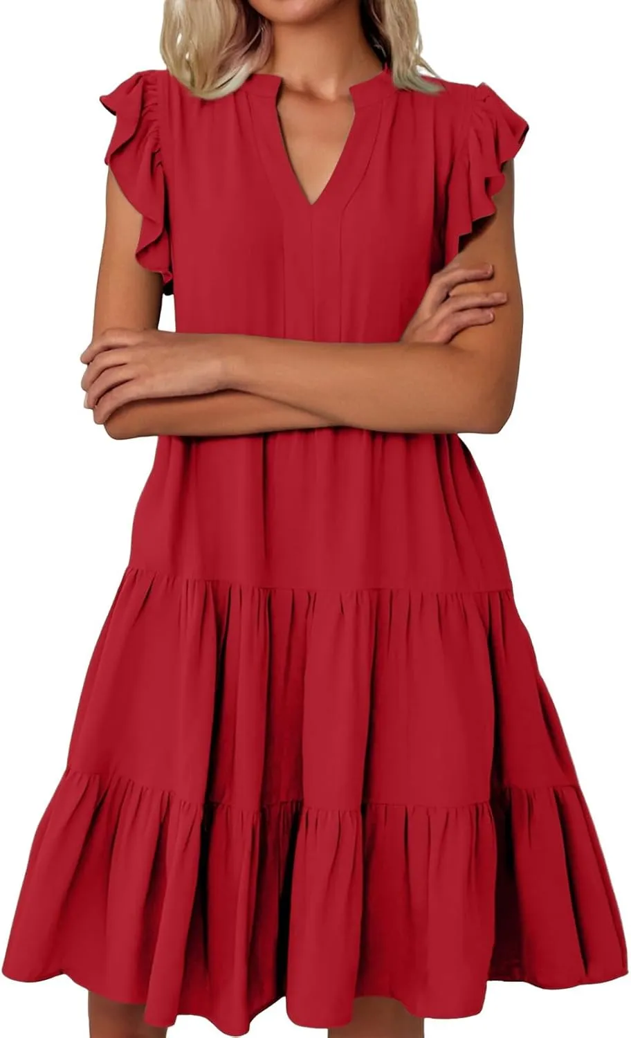 Summer Dresses for Women 2025 Ruffle Sleeve V-Neck Layered A-Line Midi Wedding Guest Boho Beach Vacation Sundresses