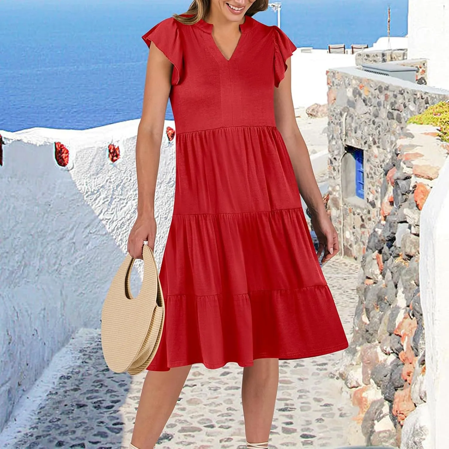 Summer Dresses for Women 2025 Ruffle Sleeve V-Neck Layered A-Line Midi Wedding Guest Boho Beach Vacation Sundresses