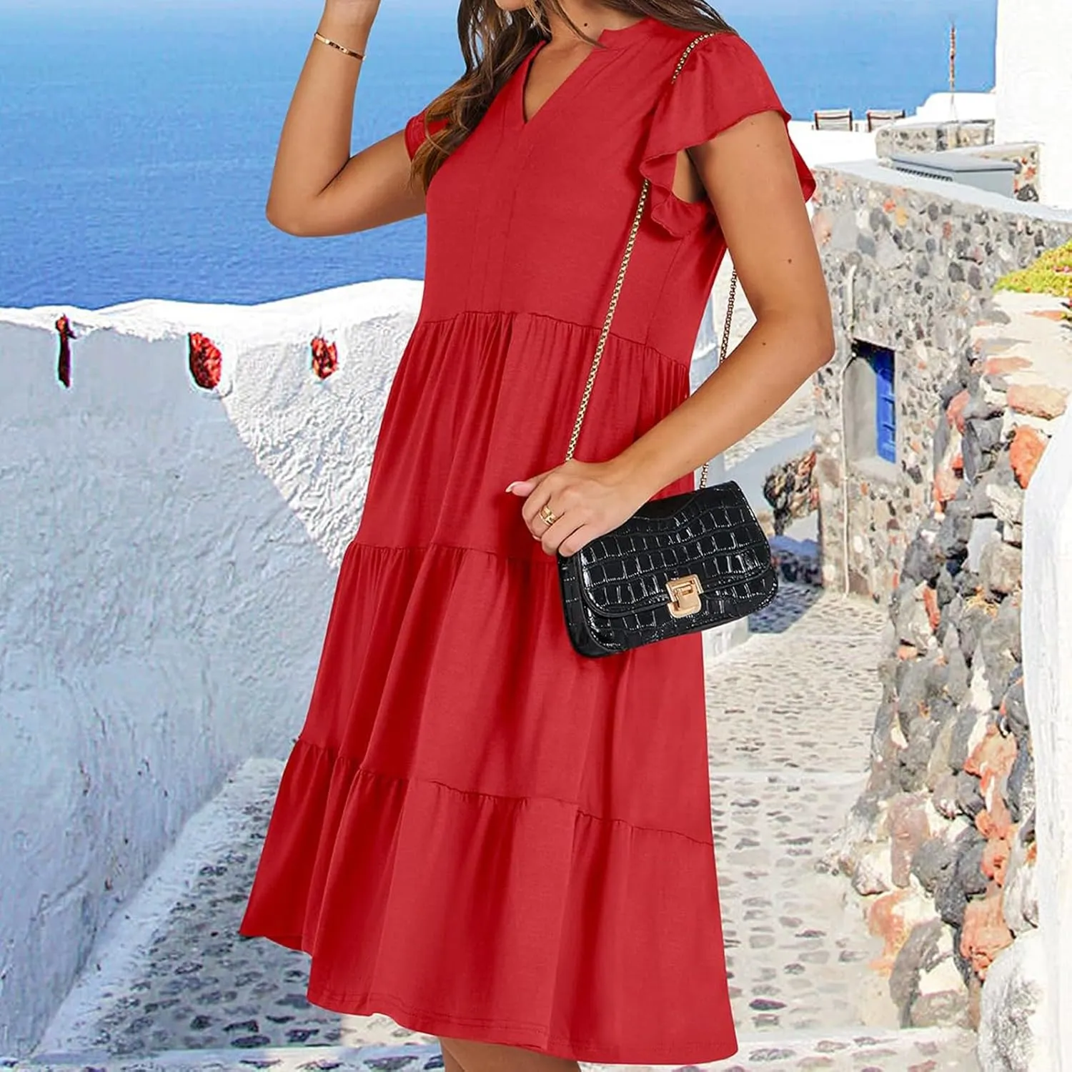 Summer Dresses for Women 2025 Ruffle Sleeve V-Neck Layered A-Line Midi Wedding Guest Boho Beach Vacation Sundresses