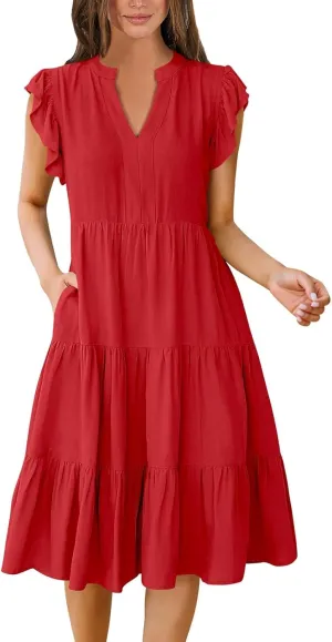 Summer Dresses for Women 2025 Ruffle Sleeve V-Neck Layered A-Line Midi Wedding Guest Boho Beach Vacation Sundresses