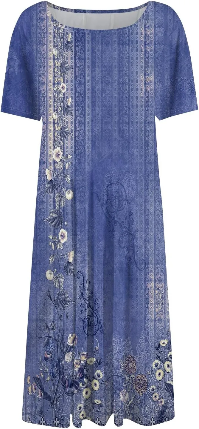 Summer Dresses for Women 2025 Smocked Summer Short Sleeve Midi Dresses for Women A Line