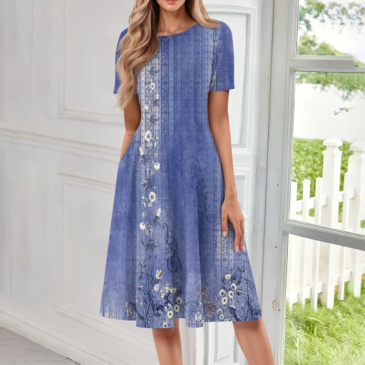 Summer Dresses for Women 2025 Smocked Summer Short Sleeve Midi Dresses for Women A Line