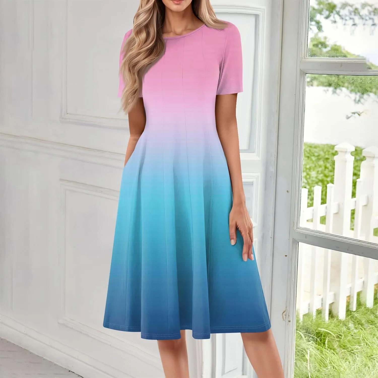Summer Dresses for Women 2025 Smocked Summer Short Sleeve Midi Dresses for Women A Line