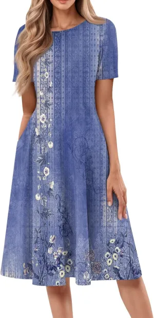 Summer Dresses for Women 2025 Smocked Summer Short Sleeve Midi Dresses for Women A Line