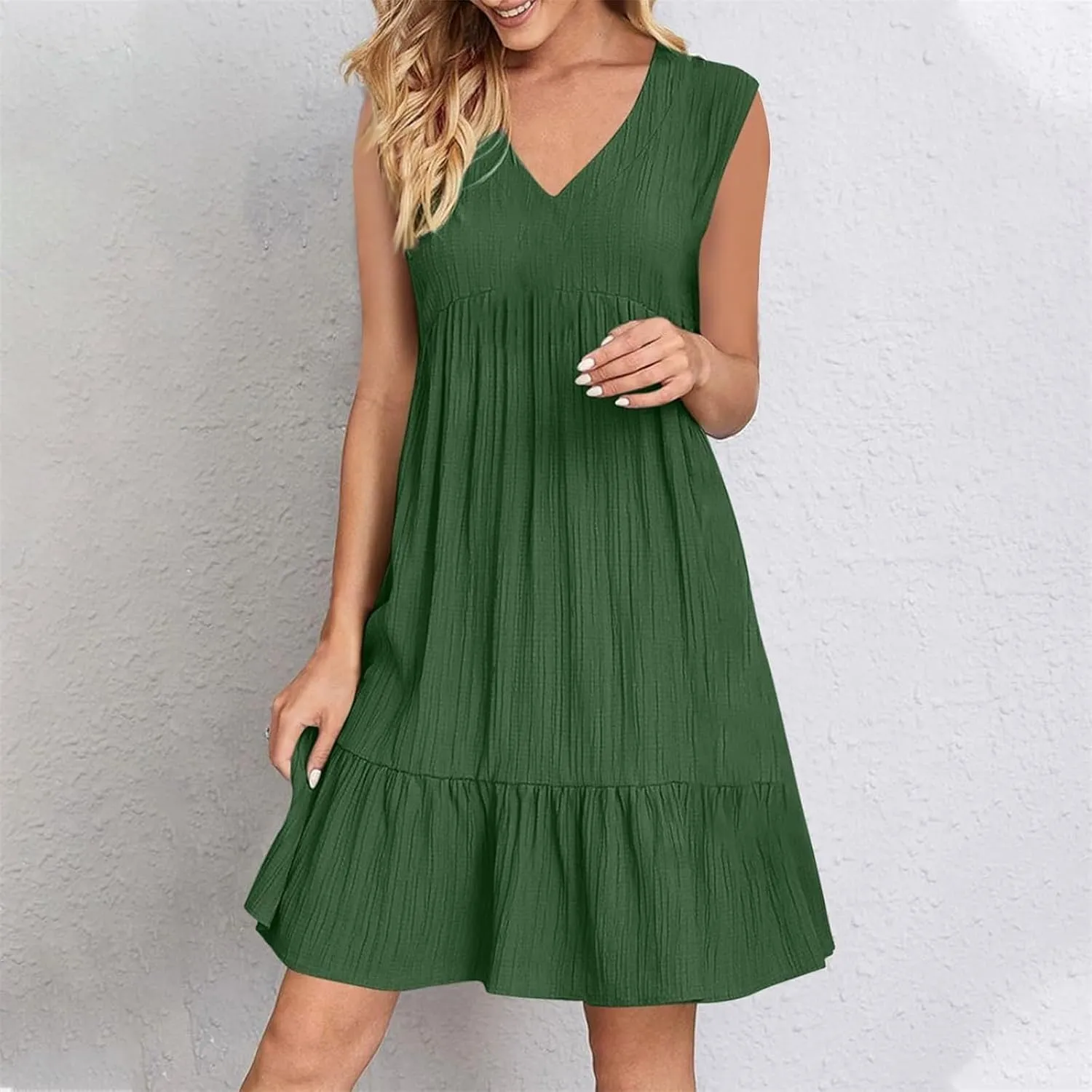 Summer Dresses for Women 2025 V-Neck Mini Dresses Fashion Casual Flowy Boho Ruffle A Line Short Sleeve Dress