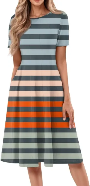 Summer Dresses for Women 2025,Trendy Elegant Floral Short Sleeve Maxi Dress,Casual Round Neck Ruffle Hem Dresses with Pockets