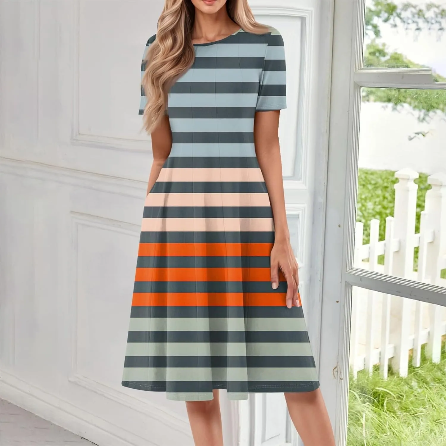 Summer Dresses for Women 2025,Trendy Elegant Floral Short Sleeve Maxi Dress,Casual Round Neck Ruffle Hem Dresses with Pockets