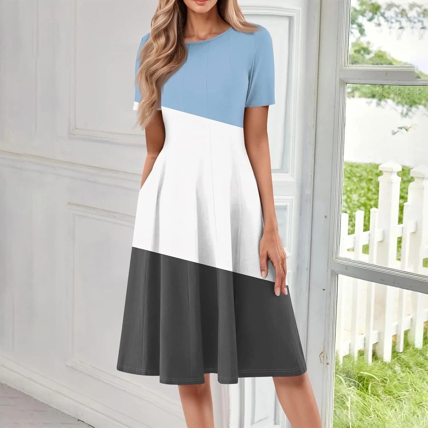 Summer Dresses for Women 2025,Trendy Elegant Floral Short Sleeve Maxi Dress,Casual Round Neck Ruffle Hem Dresses with Pockets