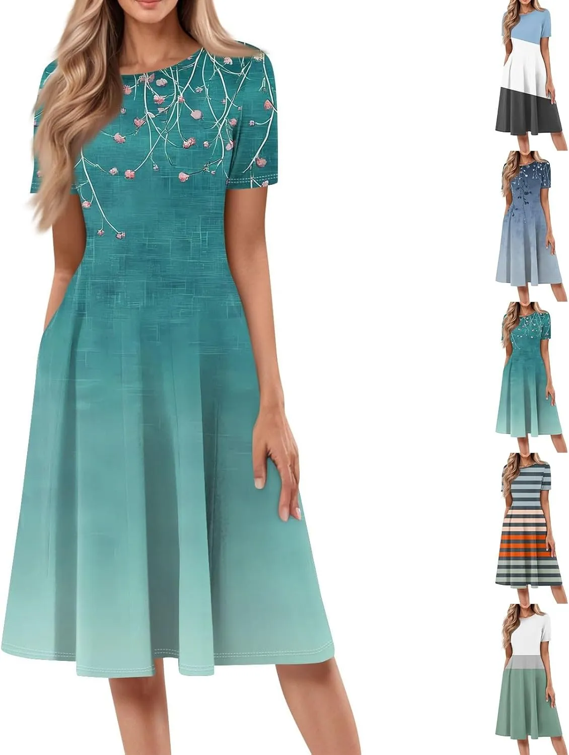 Summer Dresses for Women 2025,Trendy Elegant Floral Short Sleeve Maxi Dress,Casual Round Neck Ruffle Hem Dresses with Pockets