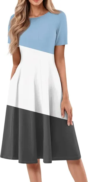 Summer Dresses for Women 2025,Trendy Elegant Floral Short Sleeve Maxi Dress,Casual Round Neck Ruffle Hem Dresses with Pockets