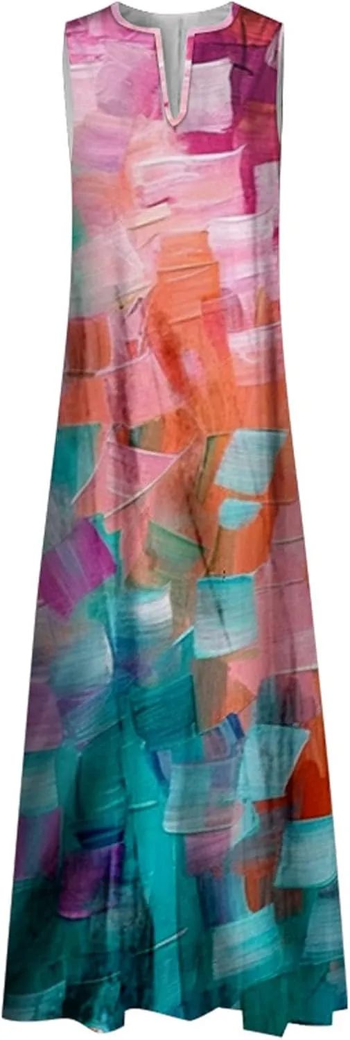Summer Dresses for Women 2025,Women's Casual Beach Sundresses V-Neck Sleeveless Dresses Maxi Floral Printed Tank Dress