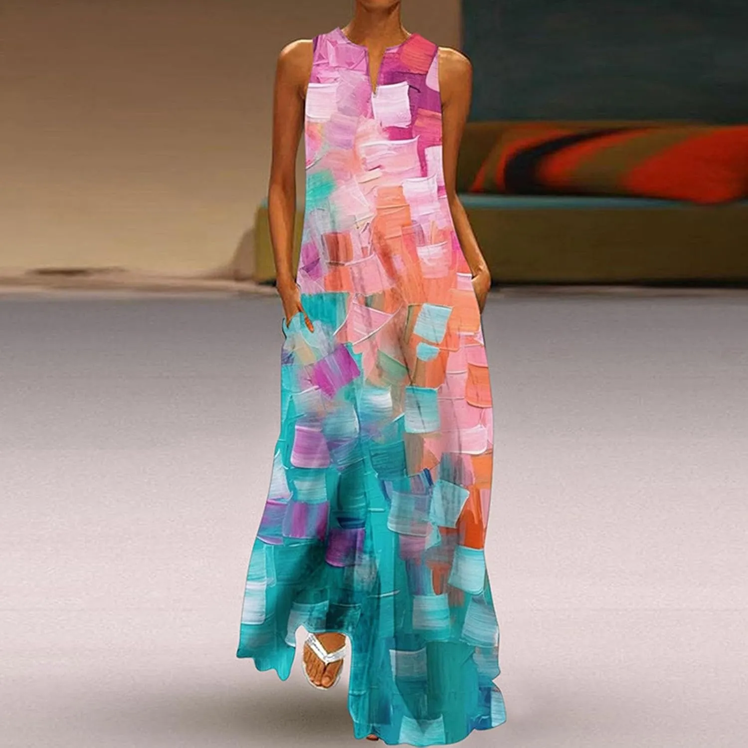 Summer Dresses for Women 2025,Women's Casual Beach Sundresses V-Neck Sleeveless Dresses Maxi Floral Printed Tank Dress