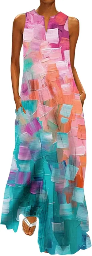Summer Dresses for Women 2025,Women's Casual Beach Sundresses V-Neck Sleeveless Dresses Maxi Floral Printed Tank Dress