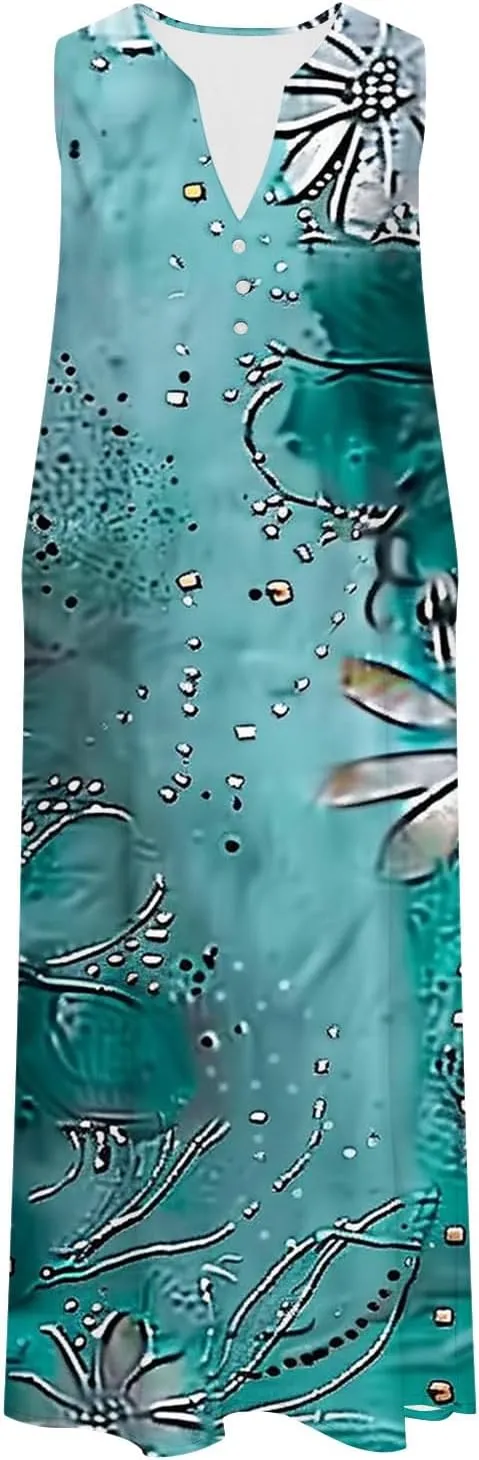 Summer Dresses for Women Beach Long Sundress Button V Neck Casual Swing Tank Dress Flowy Boho Dress with Pockets