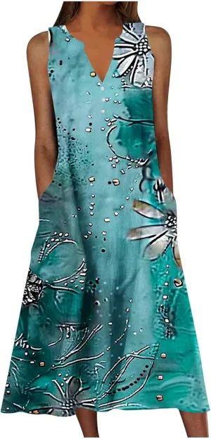 Summer Dresses for Women Beach Long Sundress Button V Neck Casual Swing Tank Dress Flowy Boho Dress with Pockets