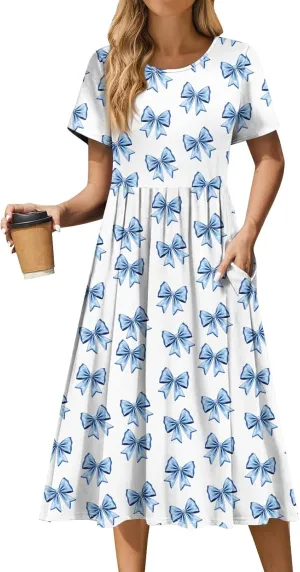 Summer Dresses for Women Casual Bodycon Dress Hawaiian Loose Short Sleeve Crewneck Beach Boho Vacation Midi Sundresse