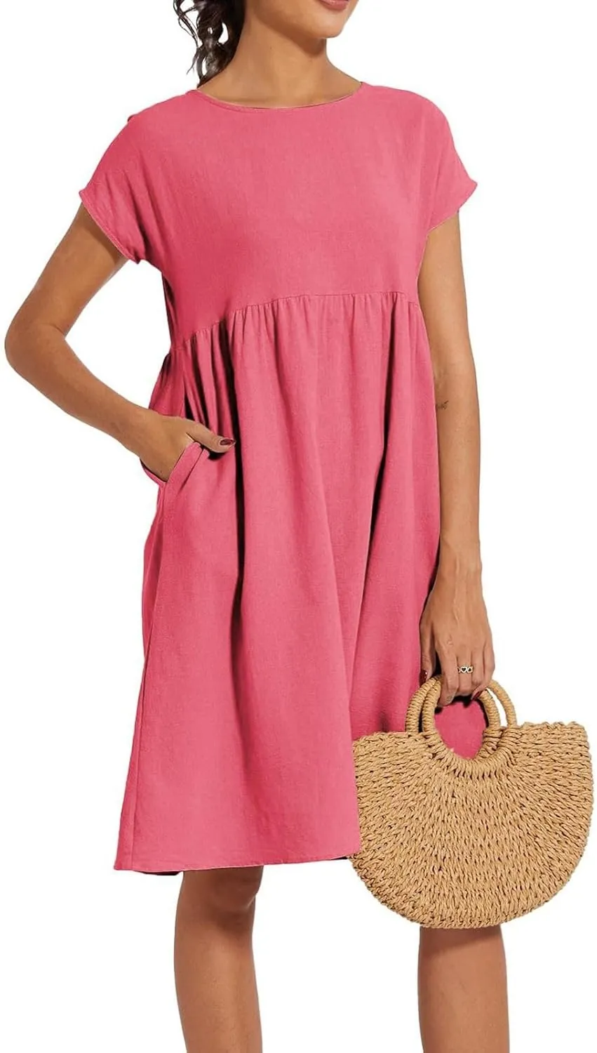 Summer Dresses for Women Linen Cotton Short Sleeve Boho Midi Dress Crew Neck Baggy Tunic Dresses with Pockets Beach Fashion