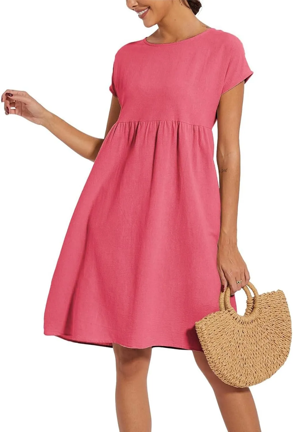 Summer Dresses for Women Linen Cotton Short Sleeve Boho Midi Dress Crew Neck Baggy Tunic Dresses with Pockets Beach Fashion