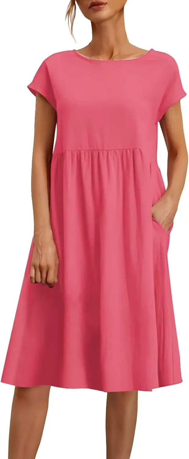 Summer Dresses for Women Linen Cotton Short Sleeve Boho Midi Dress Crew Neck Baggy Tunic Dresses with Pockets Beach Fashion