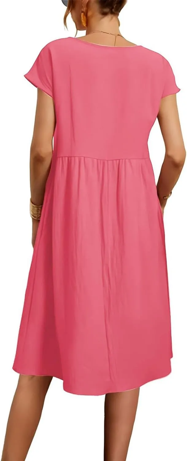 Summer Dresses for Women Linen Cotton Short Sleeve Boho Midi Dress Crew Neck Baggy Tunic Dresses with Pockets Beach Fashion