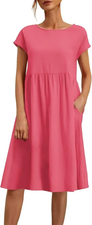 Summer Dresses for Women Linen Cotton Short Sleeve Boho Midi Dress Crew Neck Baggy Tunic Dresses with Pockets Beach Fashion