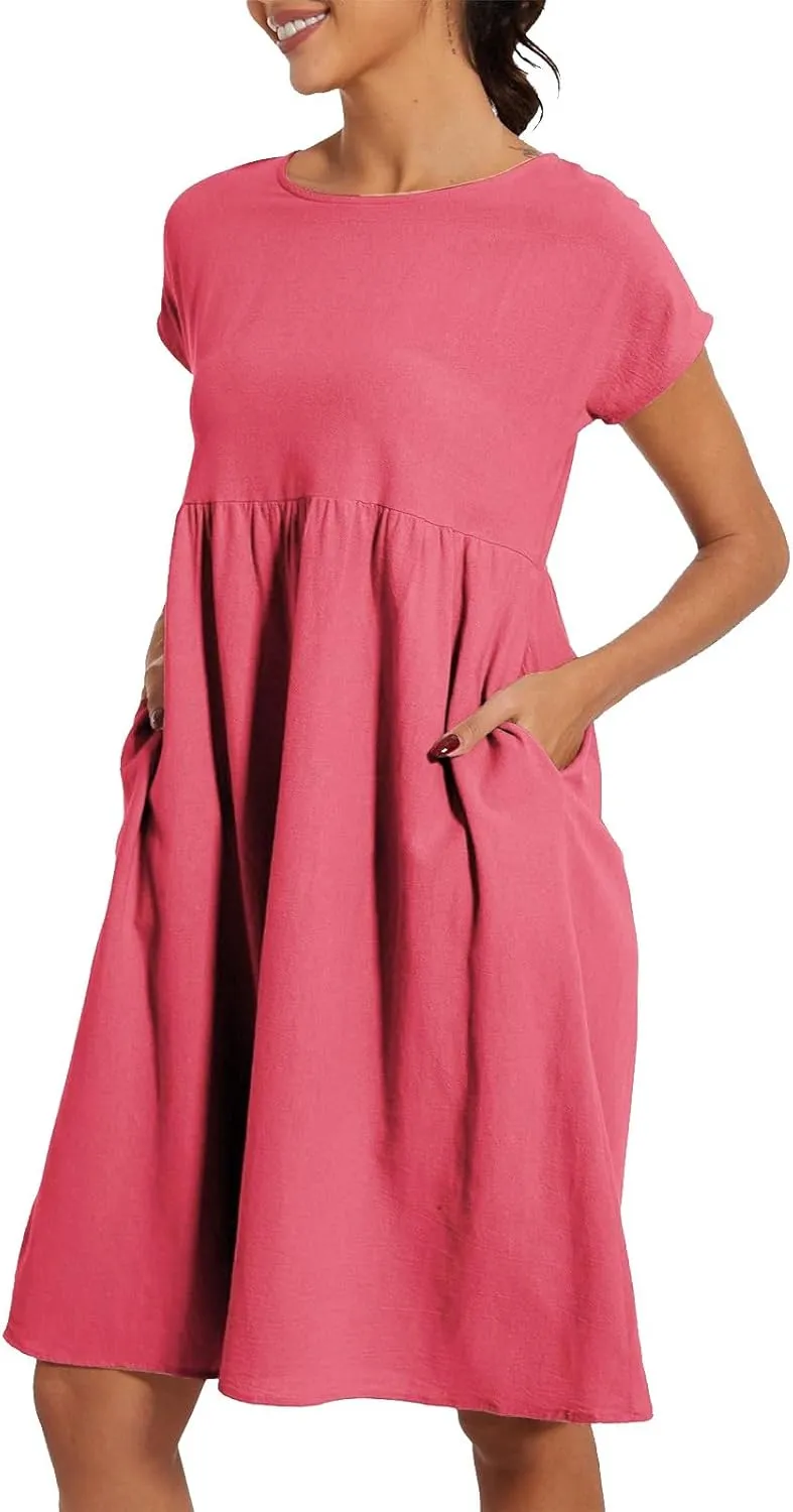 Summer Dresses for Women Linen Cotton Short Sleeve Boho Midi Dress Crew Neck Baggy Tunic Dresses with Pockets Beach Fashion