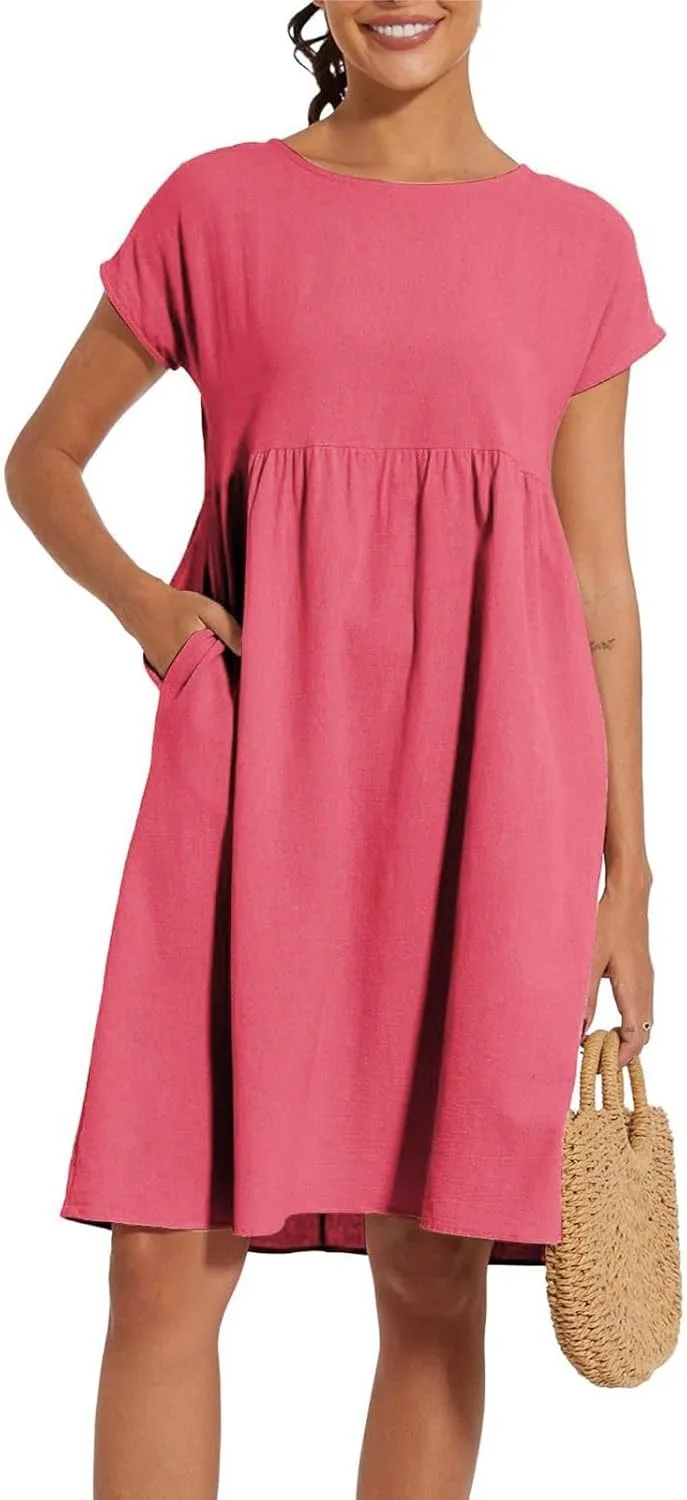 Summer Dresses for Women Linen Cotton Short Sleeve Boho Midi Dress Crew Neck Baggy Tunic Dresses with Pockets Beach Fashion