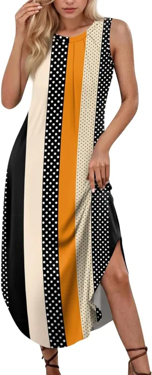 Summer Dresses for Women Loose Sundresses printedFlowy Tshirt Tank Dresses Casual Sleeveless Maxi Long Dress with Pockets
