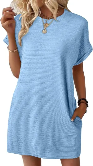 Summer Dresses for Women Plus Size Trendy Loose Fit Textured Chiffon Mini Dress Fashion Short Sleeve Round Neck Dress