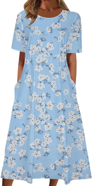Summer Dresses for Women Short Sleeve A-Line Midi Dress Casual Floral T-Shirt Dress Flowy Beach Sundress with Pockets