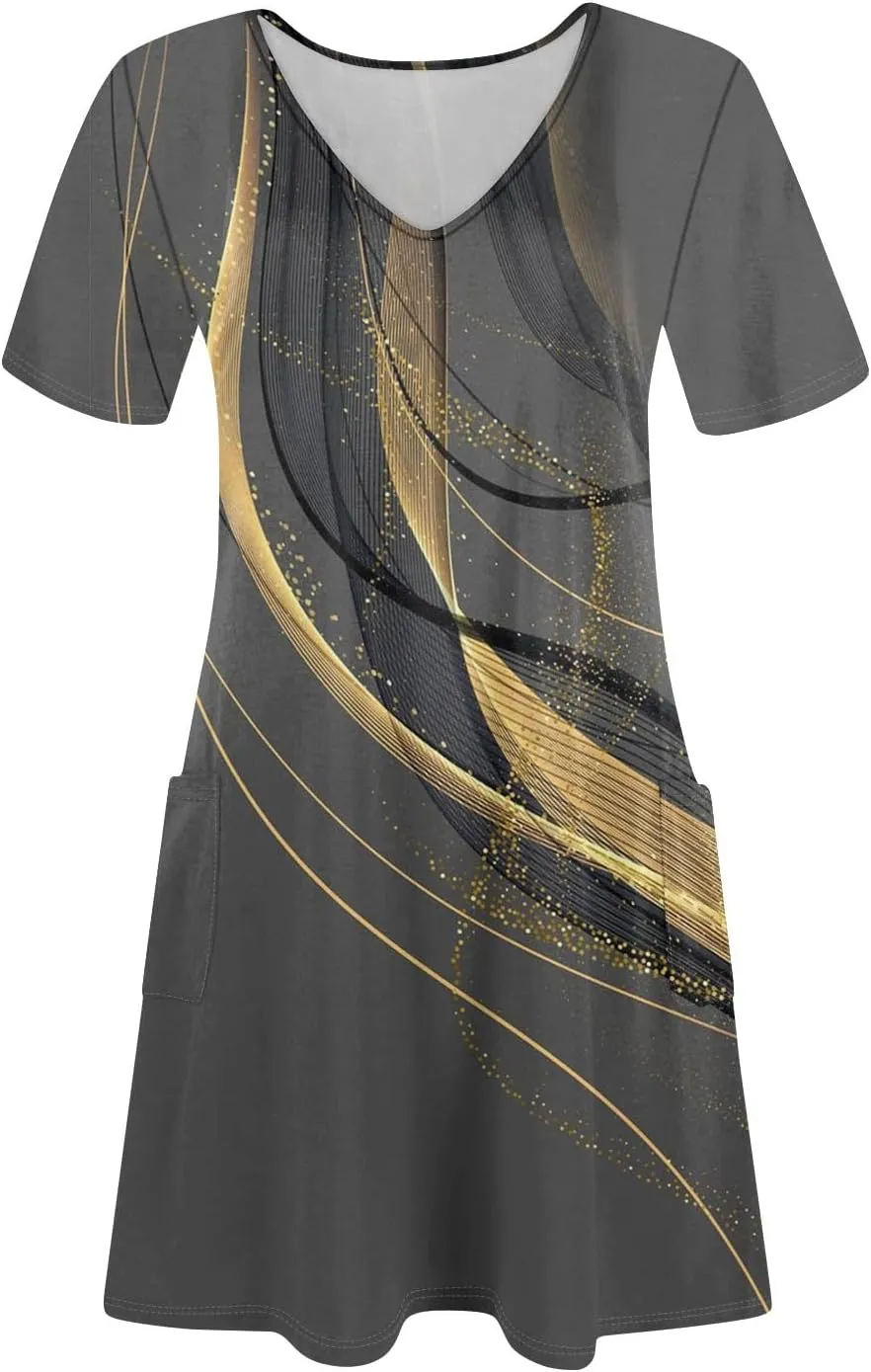 Summer Dresses for Women V-Neck Short Sleeve T Shirt Dress Casual Sundresses Floral Swimsuit Coverup Loose with Pockets