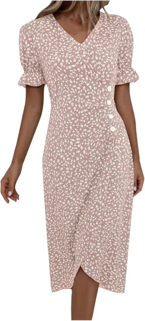 Summer Dresses for Women Wrap Midi Dresses for Women Puff Sleeve Trendy Summer Loose Casual Vintage Cute