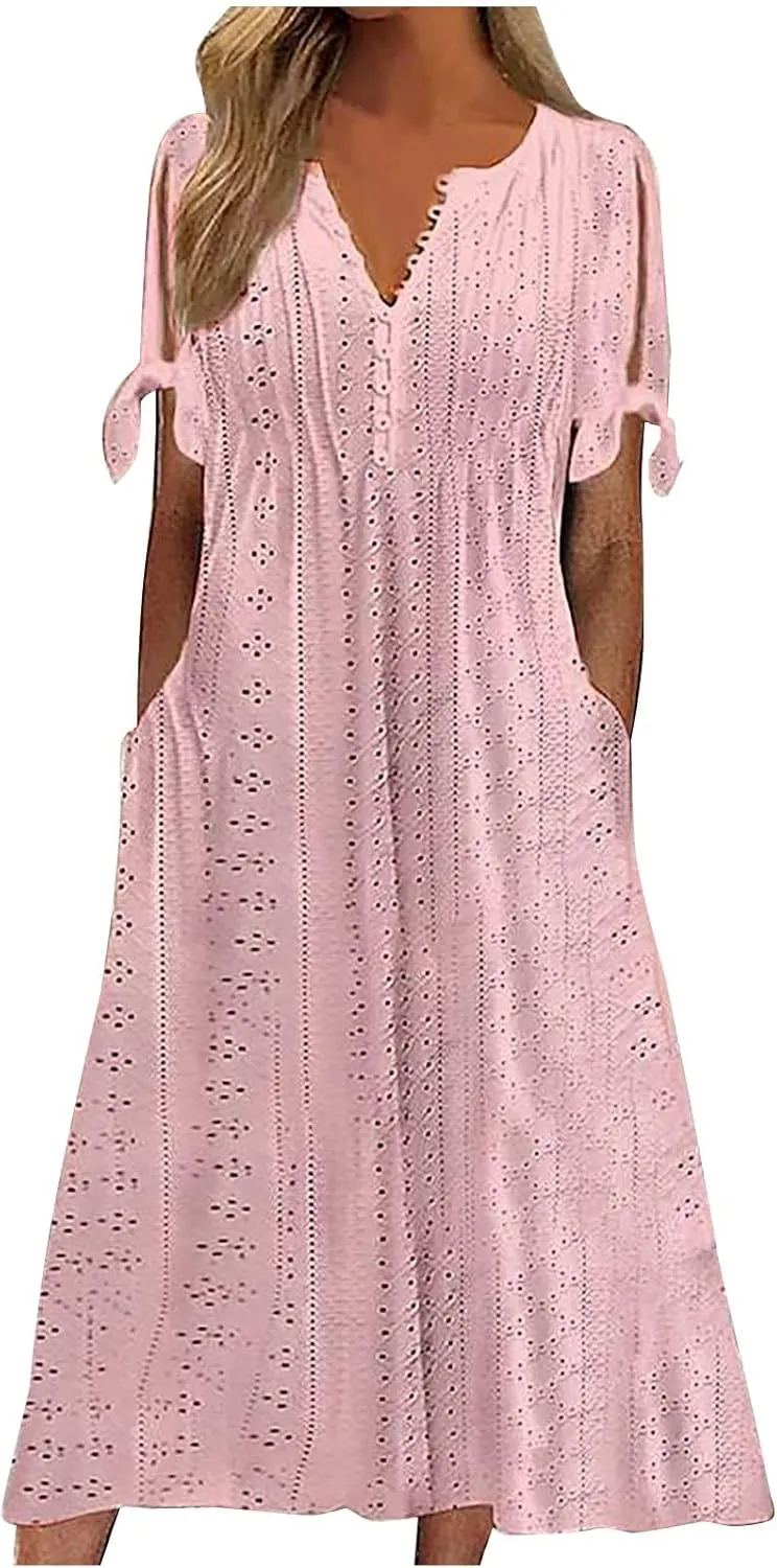 Summer Eyelet Dresses for Women 2025 Trendy Short Sleeve Long Maxi Dress Casual Button V Neck Beach Sundresses