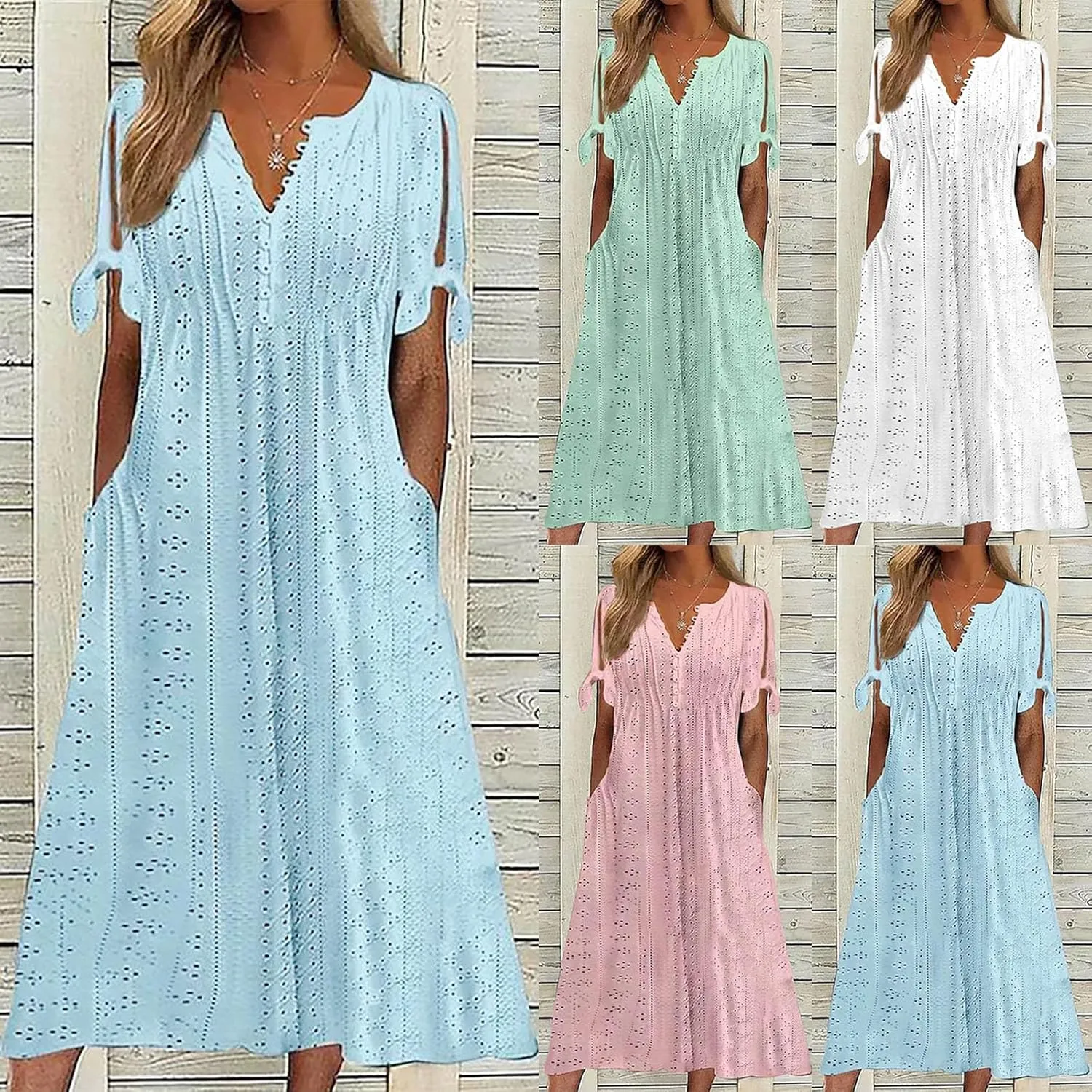 Summer Eyelet Dresses for Women 2025 Trendy Short Sleeve Long Maxi Dress Casual Button V Neck Beach Sundresses