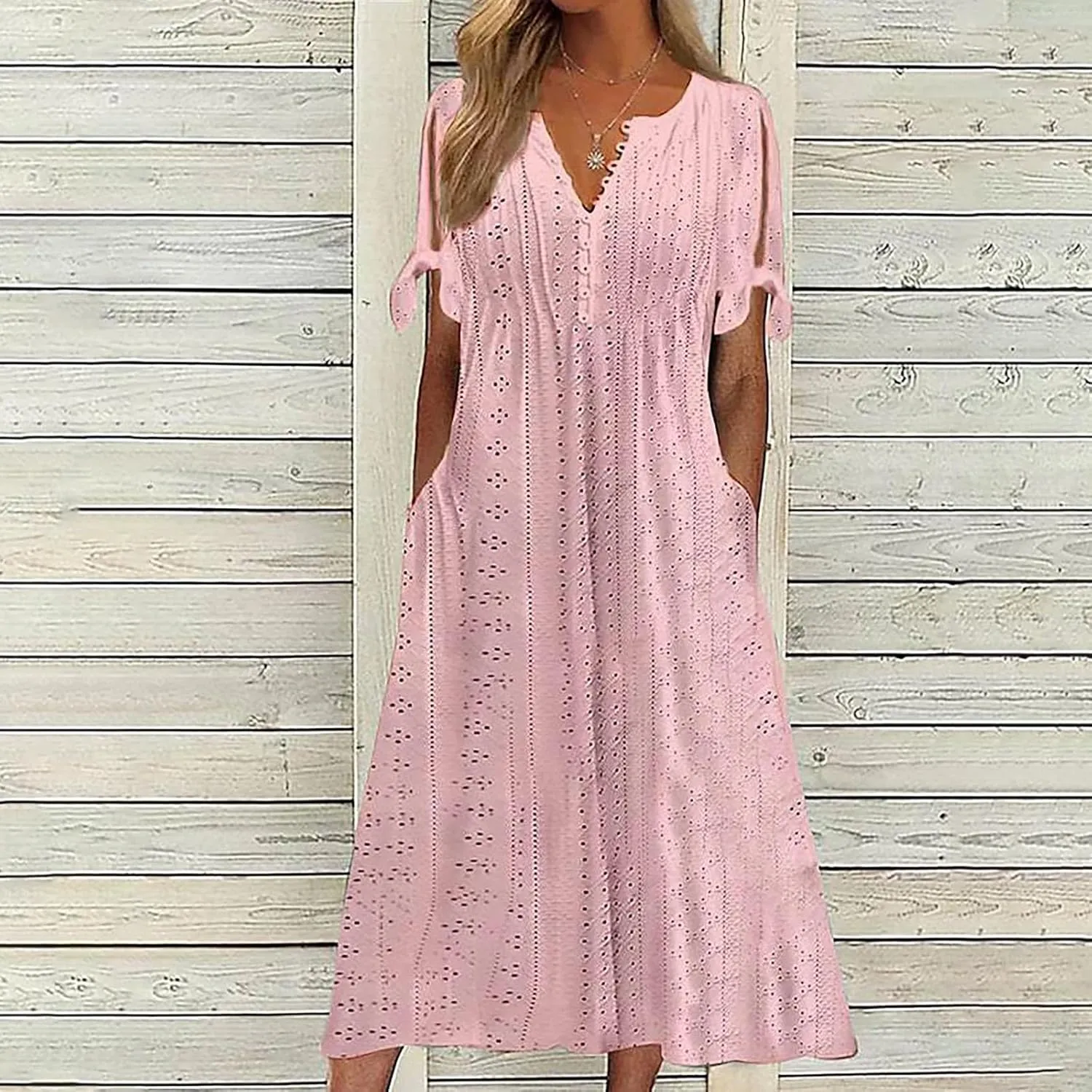 Summer Eyelet Dresses for Women 2025 Trendy Short Sleeve Long Maxi Dress Casual Button V Neck Beach Sundresses