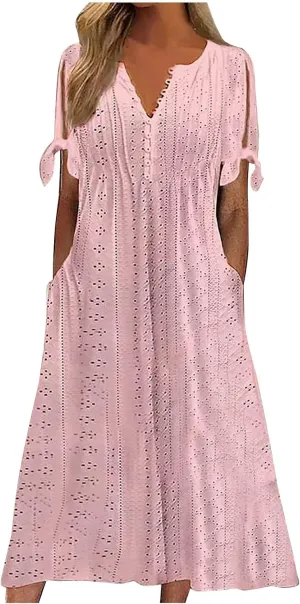 Summer Eyelet Dresses for Women 2025 Trendy Short Sleeve Long Maxi Dress Casual Button V Neck Beach Sundresses