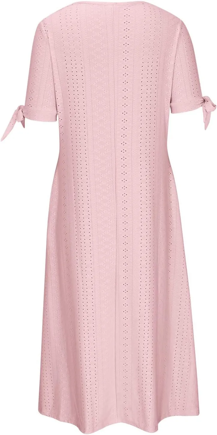 Summer Eyelet Dresses for Women 2025 Trendy Short Sleeve Long Maxi Dress Casual Button V Neck Beach Sundresses