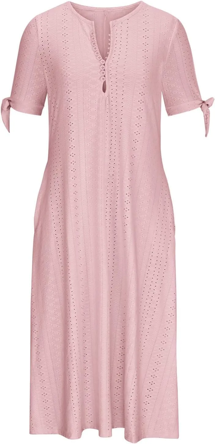 Summer Eyelet Dresses for Women 2025 Trendy Short Sleeve Long Maxi Dress Casual Button V Neck Beach Sundresses